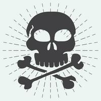 hand drawn skull illustration vector design on sunburst background