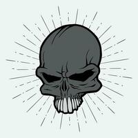 hand drawn skull illustration vector design on sunburst background