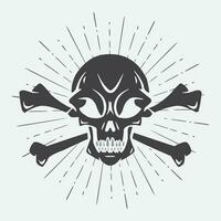 hand drawn skull illustration vector design on sunburst background