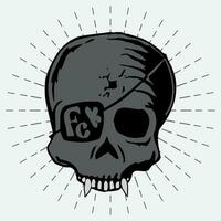 hand drawn skull illustration vector design on sunburst background