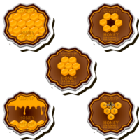 Illustration on theme for label of sugary flowing down honey in honeycomb with bee png