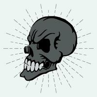 hand drawn skull illustration vector design on sunburst background