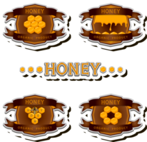 Illustration on theme for label of sugary flowing down honey in honeycomb with bee png