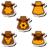 Illustration on theme for label of sugary flowing down honey in honeycomb with bee png