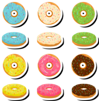 Illustration on theme big set different types sticky donuts, sweet doughnuts various size png