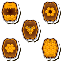 Illustration on theme for label of sugary flowing down honey in honeycomb with bee png