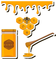 Illustration on theme sugary flowing down honey in honeycomb with bee png