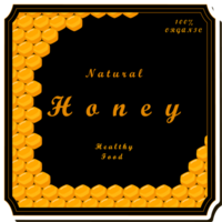 Illustration on theme for label of sugary flowing down honey in honeycomb with bee png