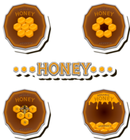 Illustration on theme for label of sugary flowing down honey in honeycomb with bee png