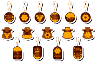 Illustration on theme for label of sugary flowing down honey in honeycomb with bee png