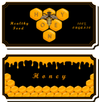 Illustration on theme for label of sugary flowing down honey in honeycomb with bee png