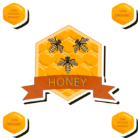 Illustration on theme for label of sugary flowing down honey in honeycomb with bee png