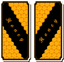 Illustration on theme for label of sugary flowing down honey in honeycomb with bee png