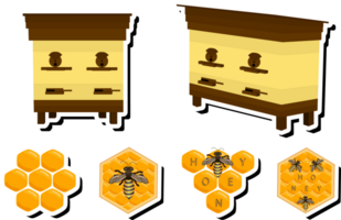 Illustration on theme for label of sugary flowing down honey in honeycomb with bee png