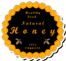 Illustration on theme for label of sugary flowing down honey in honeycomb with bee png