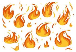 Set of flat icon flames fires, with burning red hot sparks isolated on white background. Vector illustration