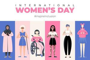 International Women's Day. Inspire inclusion 2024 campaign. Group of women of different ethnicity, age, body type, hair color vector illustration in flat style.