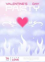 Modern y2k design Valentine's Day party invitation and poster. Trendy vector illustration with aura heart in clouds, flame, tatoo, shapes, stars, gradient and typography.