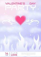 Modern y2k design Valentine's Day party invitation and poster. Trendy vector illustration with aura heart in clouds, flame, tatoo, shapes, stars, gradient and typography.