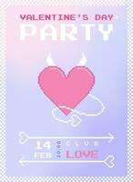 Modern y2k pixel design Valentine's Day party invitation and poster. Trendy aesthetic minimalist vector illustrations with pixel angel heart, abstract shapes, gradient and typography.