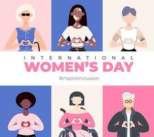 internacional De las mujeres día. inspirar inclusión 2024 campaña. grupo de mujer de diferente etnicidad, edad, cuerpo tipo, pelo color vector ilustración en plano estilo.