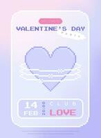 Modern y2k pixel design Valentine's Day party invitation and poster. Trendy aesthetic minimalist vector illustrations with pixel heart, abstract shapes, gradient and typography.