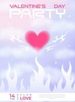 Modern y2k design Valentine's Day party invitation and poster. Trendy vector illustration with aura heart in clouds, flame, tatoo, shapes, stars, gradient and typography.