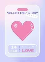 Modern y2k pixel design Valentine's Day party invitation and poster. Trendy aesthetic minimalist vector illustrations with pixel heart, abstract shapes, gradient and typography.