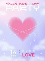 Modern y2k design Valentine's Day party invitation, poster. Trendy aesthetic soft color vector illustrations with aura heart in clouds, abstract shapes, stars, gradient and typography.