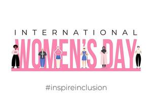 internacional De las mujeres día póster, bandera. inspirar inclusión 2024 campaña. grupo de mujer de diferente etnicidad, edad, cuerpo tipo, pelo color vector ilustración en sin rostro plano estilo.