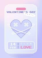 Modern y2k pixel design Valentine's Day party invitation and poster. Trendy aesthetic minimalist vector illustrations with pixel heart, abstract shapes, gradient and typography.