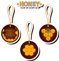 Illustration on theme for label of sugary flowing down honey in honeycomb with bee png