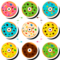 Illustration on theme big set different types sticky donuts, sweet doughnuts various size png