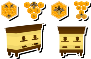 Illustration on theme for label of sugary flowing down honey in honeycomb with bee png