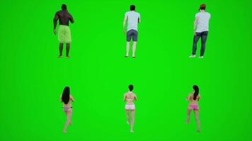 3d green screen six bikini men and women walking and talking on the phone in the villa from the back angle video