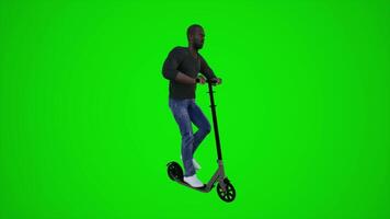 3d verde pantalla un africano deportista montando scooter en el calle desde Tres arrinconado ángulo video