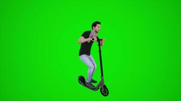 3d green screen tourist man riding scooter in the streets of Europe from three cornered angle video