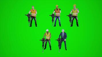 3d green screen construction workers digging the ground with hole digger from the front angle video