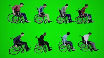 3d vert écran fauteuil roulant citoyens de Afrique Amérique Asie L'Europe  séance dans fauteuil roulant en mouvement vers le bas le rue de côté angle video
