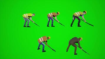 3d green screen construction workers shoveling from three corner angle video