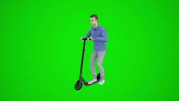 3d groen scherm tiener- jongen rijden scooter in de park van drie in het nauw gedreven hoek video