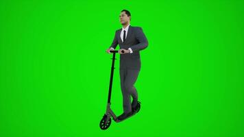 3d verde pantalla el banco presidente montando scooter en el calles de Europa desde Tres arrinconado ángulo video