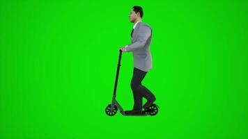 3d verde pantalla el banco presidente montando scooter en el calles de Europa desde lado ángulo video