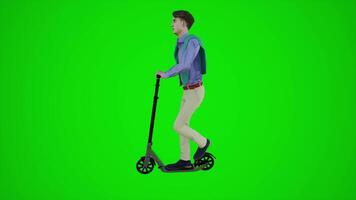 3d green screen young musician boy riding scooter in the streets of Europe from side angle video