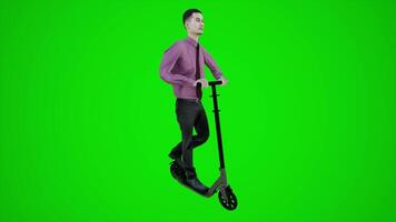 3d green screen an Asian student riding scooter in the streets of Asia from three cornered angle video