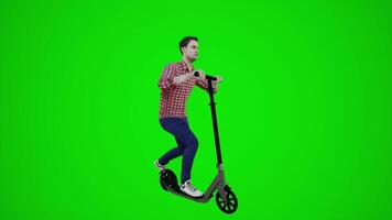 3d green screen an Asian hairdresser riding scooter in the streets of Asia from three cornered angle video