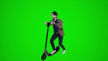 3d green screen European lawyer riding scooter in the streets of Europe from three cornered angle video