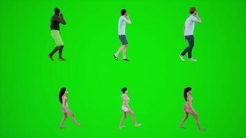 3d green screen six men and women in bikinis walking and talking on the phone in villa from side angle video