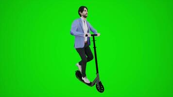 3d green screen European lawyer riding scooter in the streets of Europe from three cornered angle video