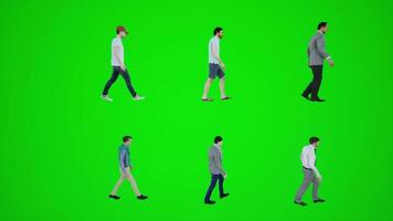3d verde tela seis homens caminhando em a ponte a partir de lado ângulo video